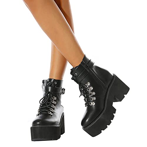 EGSDMNVSQ Schnürschuh Damen Lackleder Chunky Schuhe Blockabsatz Plaftorm Gotisch Stiefeletten Punk Gothic Plateau Ankle Boots High Heels Mit Flügeln von EGSDMNVSQ