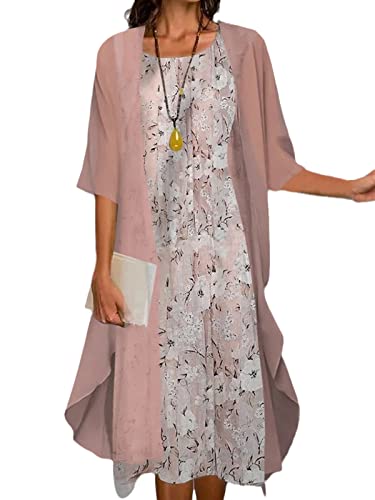 EGSDMNVSQ Sommerkleid Damen Ärmelloses Rundhals Kleid Blumen Cocktailkleid Damen Kleider Elegant Abendkleider für Hochzeit Langarm Chiffon Cardigan Zweiteiliges Kleid von EGSDMNVSQ