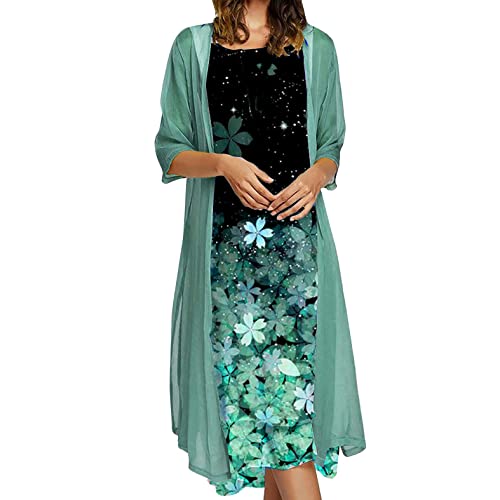 EGSDMNVSQ Sommerkleid Damen Drucken Rundhals Kleid Lockeres Strandkleid Damen Kleider Sommer Abendkleider Elegant für Hochzeit Langarm Böhmen Chiffon Strickjacke Zweiteiliges Kleid Set von EGSDMNVSQ