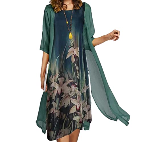 EGSDMNVSQ Sommerkleid Damen Drucken Rundhals Kleid Lockeres Strandkleid Damen Kleider Sommer Abendkleider Elegant für Hochzeit Langarm Böhmen Chiffon Strickjacke Zweiteiliges Kleid Set von EGSDMNVSQ