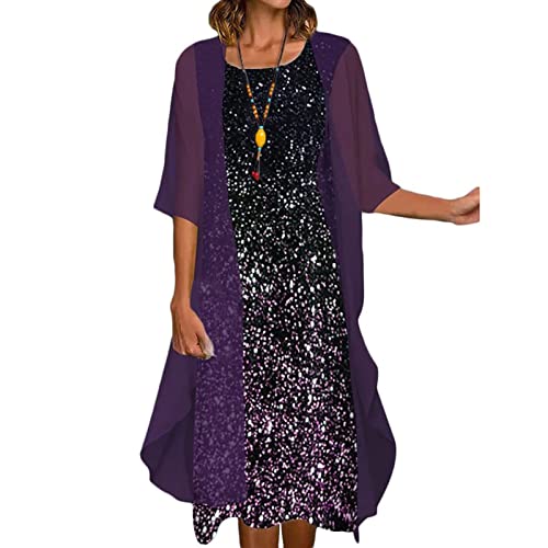 EGSDMNVSQ Sommerkleid Damen Drucken Rundhals Kleid Lockeres Strandkleid Damen Kleider Sommer Abendkleider Elegant für Hochzeit Langarm Böhmen Chiffon Strickjacke Zweiteiliges Kleid Set von EGSDMNVSQ