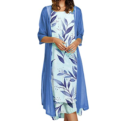 EGSDMNVSQ Sommerkleid Damen Drucken Rundhals Kleid Lockeres Strandkleid Damen Kleider Sommer Abendkleider Elegant für Hochzeit Langarm Böhmen Chiffon Strickjacke Zweiteiliges Kleid Set von EGSDMNVSQ