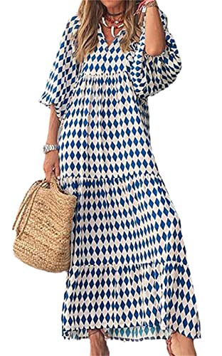 EGSDMNVSQ Sommerkleid Damen Große Größen Blumendruck Kleid V-Ausschnitt 3/4 Langarm Fließende Lange Maxikleider Lässige lockere Boho Strandkleid von EGSDMNVSQ