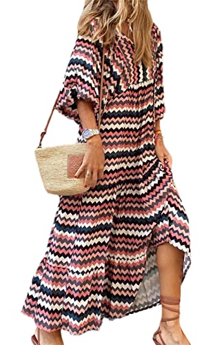 EGSDMNVSQ Sommerkleid Damen Große Größen Blumendruck Kleid V-Ausschnitt 3/4 Langarm Fließende Lange Maxikleider Lässige lockere Boho Strandkleid von EGSDMNVSQ