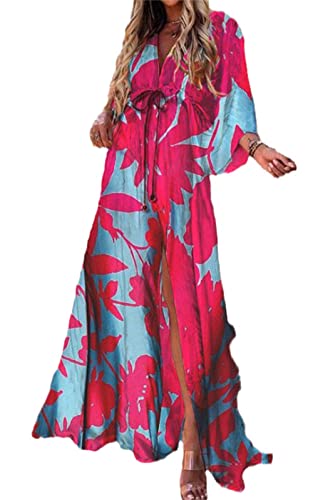 EGSDMNVSQ Sommerkleid Damen Große Größen Blumendruck Kleid V-Ausschnitt 3/4 Langarm Fließende Lange Maxikleider Lässige lockere Boho Strandkleid von EGSDMNVSQ