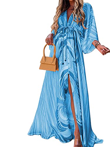 EGSDMNVSQ Sommerkleid Damen Große Größen Blumendruck Kleid V-Ausschnitt 3/4 Langarm Fließende Lange Maxikleider Lässige lockere Boho Strandkleid von EGSDMNVSQ