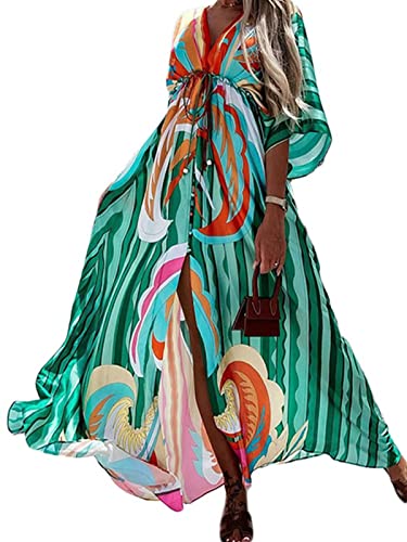 EGSDMNVSQ Sommerkleid Damen Große Größen Blumendruck Kleid V-Ausschnitt 3/4 Langarm Fließende Lange Maxikleider Lässige lockere Boho Strandkleid von EGSDMNVSQ