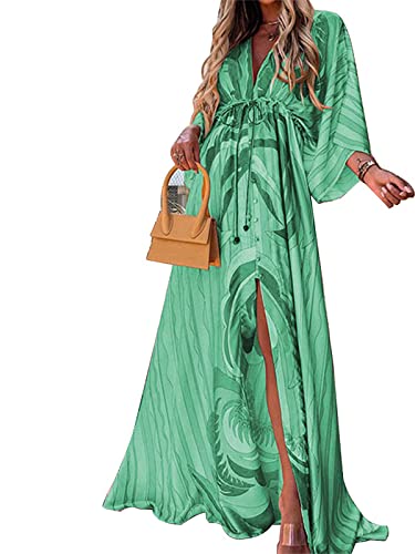 EGSDMNVSQ Sommerkleid Damen Große Größen Blumendruck Kleid V-Ausschnitt 3/4 Langarm Fließende Lange Maxikleider Lässige lockere Boho Strandkleid von EGSDMNVSQ