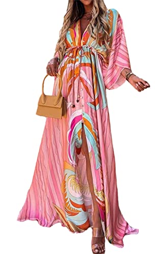 EGSDMNVSQ Sommerkleid Damen Große Größen Blumendruck Kleid V-Ausschnitt 3/4 Langarm Fließende Lange Maxikleider Lässige lockere Boho Strandkleid von EGSDMNVSQ