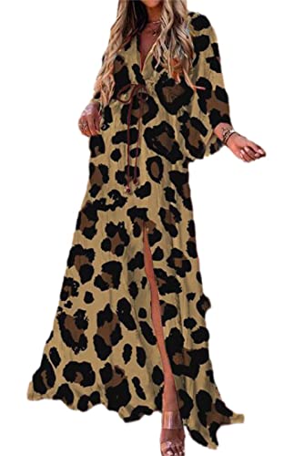 EGSDMNVSQ Sommerkleid Damen Große Größen Blumendruck Kleid V-Ausschnitt 3/4 Langarm Fließende Lange Maxikleider Lässige lockere Boho Strandkleid von EGSDMNVSQ