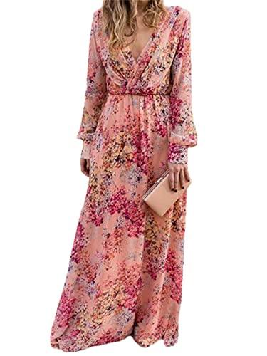 EGSDMNVSQ Sommerkleid Damen Große Größen Blumendruck Kleid V-Ausschnitt 3/4 Langarm Fließende Lange Maxikleider Lässige lockere Boho Strandkleid von EGSDMNVSQ