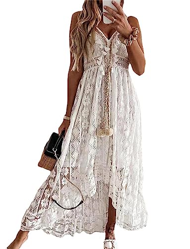 EGSDMNVSQ Sommerkleid Damen Spitzen Strandkleider Ärmellos V-Ausschnitt Maxi Kleider Boho Lang Kleid Spaghetti Trägerkleid A-Linie Freizeitklied Elegant Partykleid Beach Dress von EGSDMNVSQ