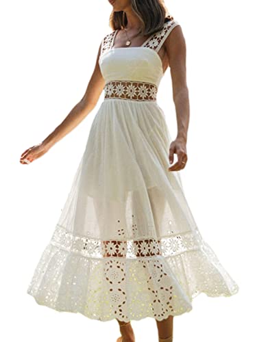 EGSDMNVSQ Sommerkleid Damen Strandkleider Ärmellos V-Ausschnitt Retro Sommer Spitzen Maxi Kleider Boho Lang Lose Sommerkleid Elegant Casual A-Linie Freizeitklied Gefüttert von EGSDMNVSQ