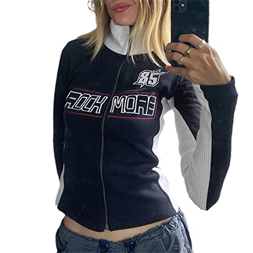 EGSDMNVSQ Sportjacke Damen Y2K Zip Up Jacke Kurz Jacke Langarm Slim mit Reißverschluss Stehkragen Mantel von EGSDMNVSQ