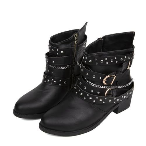 EGSDMNVSQ Stiefel Damen Blockabsatz Reißverschluss Stiefel Gothic Punk Modische Lederstiefel Vintage Freizeit Westernstiefel mit Gürtelschnalle Keilabsatz Halbstiefel Spitze Zehenkappe von EGSDMNVSQ
