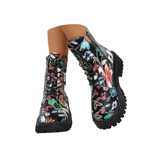 EGSDMNVSQ Stiefel Damen Drucken Boots Kurze Stiefeletten Plateau Boots Gothic Westernstiefel Retro Damenstiefel Chelsea Biker Boot Schnürboots Mit Blockabsatz von EGSDMNVSQ
