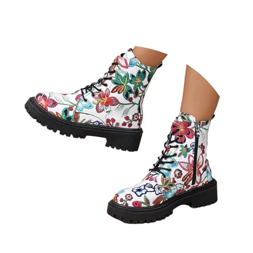 EGSDMNVSQ Stiefel Damen Drucken Boots Kurze Stiefeletten Plateau Boots Gothic Westernstiefel Retro Damenstiefel Chelsea Biker Boot Schnürboots Mit Blockabsatz von EGSDMNVSQ