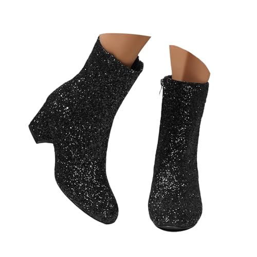 EGSDMNVSQ Stiefel Damen Glitzer Stiefeletten Kurze Boots Runde Zehen Stiefeletten Chunky Heels Ankle Plateaustiefel Übergangsstiefel Pailletten Schuhe Mit Seitlicher Reißverschluss von EGSDMNVSQ