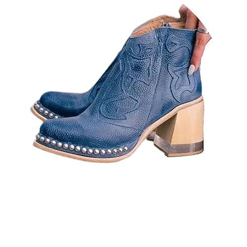 EGSDMNVSQ Stiefel Damen Stiefeletten High Heels Mit Blockabsatz Bestickt Niet Spitze Stiefel Winterstiefel Pu-Leder Tragbar Stiefeletten Bequeme Warme Pumps Schuhe Party von EGSDMNVSQ