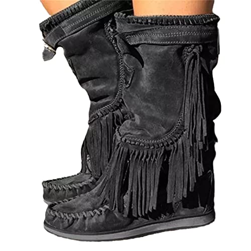 EGSDMNVSQ Stiefel Damen Winter Westernstiefel Veloursleder Niedrige Absätze Fransenstiefel Plateau Ankle Boots Knöchelstiefel Schlupfstiefel Elegant Schuhe von EGSDMNVSQ