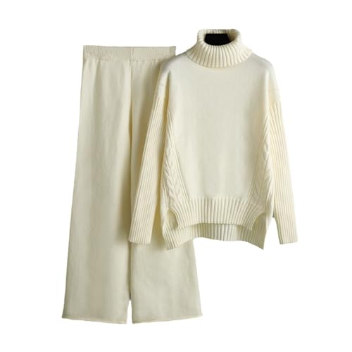 EGSDMNVSQ Strickanzug Damen Set 2-Teilig Winter Loungewear Strick Sweater Set Stehkragen Pulli und Weites Bein Lang Hose Lose Zweiteiler Hosenanzug Gestrickte Outfits Freizeitanzug von EGSDMNVSQ