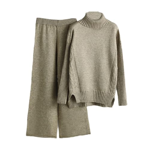EGSDMNVSQ Strickanzug Damen Set 2-Teilig Winter Loungewear Strick Sweater Set Stehkragen Pulli und Weites Bein Lang Hose Lose Zweiteiler Hosenanzug Gestrickte Outfits Freizeitanzug von EGSDMNVSQ