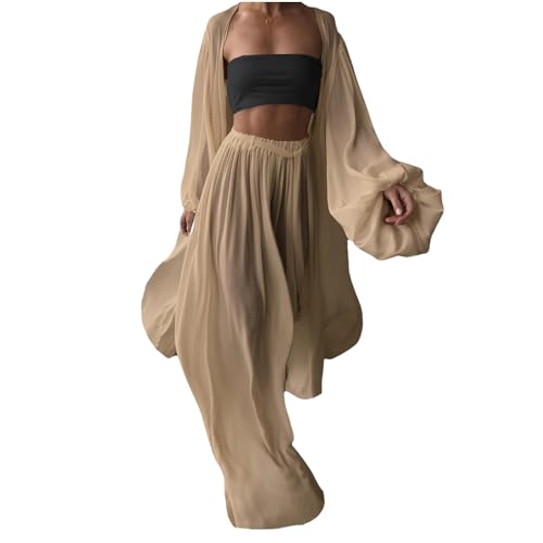 EGSDMNVSQ Strickanzug Damen Set Sportanzug 3-teiliges Lounge-Set Freizeitanzug Jogginganzug Loungerwear Tank Top und Hoher Taille Lange Weites Bein Hosen und Mantel Sets Streetwear Elegant Outfit von EGSDMNVSQ