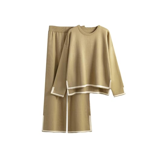 EGSDMNVSQ Strickanzug Damen Set Zweiteiler Loungewear Elegant Strickanzug 2-teilige Jogginganzug Outfits Langarm Strickpullover Top + Weites Bein Hosen Sportanzug Lounge Sets Trainingsanzüge von EGSDMNVSQ