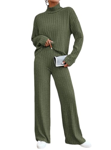 EGSDMNVSQ Strickanzug Damen Strickpullover + Hose 2 Teiler Loose Stehkragen Freizeitanzug Gestrickt Oberteile und Schlaghose Grobstrick Loungewear Sets von EGSDMNVSQ