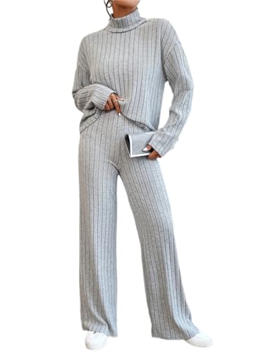 EGSDMNVSQ Strickanzug Damen Strickpullover + Hose 2 Teiler Loose Stehkragen Freizeitanzug Gestrickt Oberteile und Schlaghose Grobstrick Loungewear Sets von EGSDMNVSQ