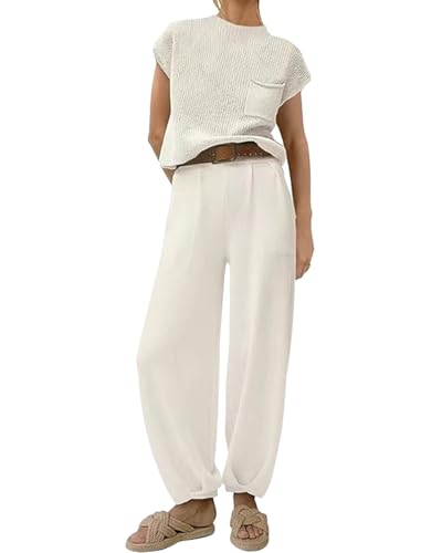 EGSDMNVSQ Strickanzug Damen Trainingsanzug 2 Stücke Set Kurzarm Oberteile und Hosen Zweiteilige Sets Sommer Outfits Elegant Hosenanzug Loungewear Set von EGSDMNVSQ