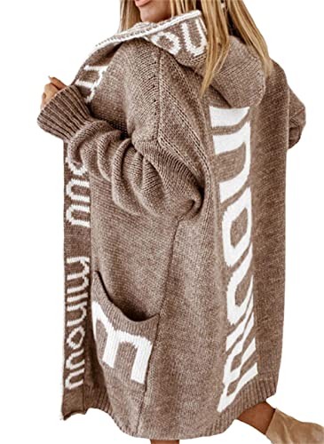 EGSDMNVSQ Strickjacke Lange Damen Cardigan Strickmantel Herbst Winter Sweater mit Kapuze Strickpulli Open Front Strickcardigan Dicke Kapuzejacke Mantel von EGSDMNVSQ