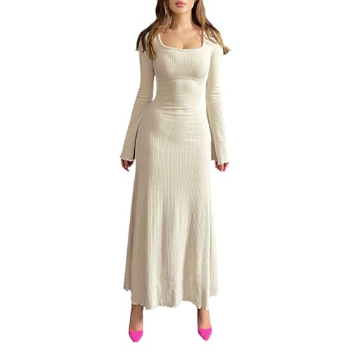 EGSDMNVSQ Strickkleid Damen Langarm Pulloverkleid Mit V Ausschnitt Figurbetontes Kleid Lang Rippenstrick Kleid Winterkleid Partykleid Tunika Knit Elegant von EGSDMNVSQ