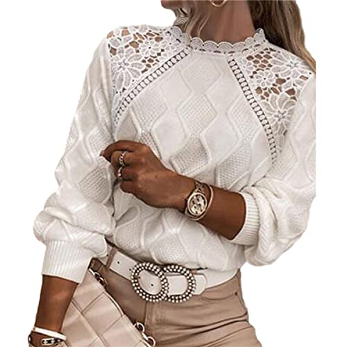 EGSDMNVSQ Strickpullover Damen Spitze Pullover Herbst Winter Pulli Casual Knit Oberteile Gerippt Hollow Out Langarm Jumper von EGSDMNVSQ