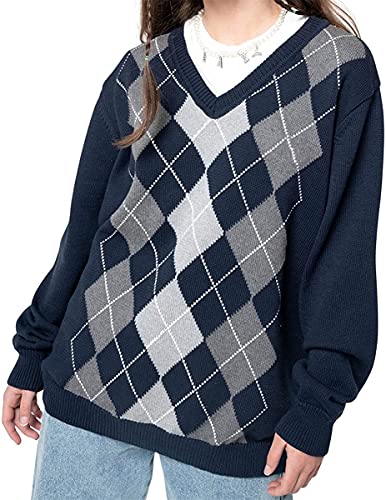 EGSDMNVSQ Strickpullover Plaid Y2k Pullover für Damen Vintage Preppy Style Langarm V-Ausschnitt Knopf Strickwaren E-Girls 90er Jahre von EGSDMNVSQ