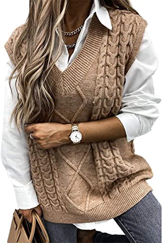 EGSDMNVSQ Übergroße Weihnachtspullover Strick Weste für Damen Einfarbig Zopfmuster Pullover Westen V-Ausschnitt Ärmellos Pullunder von EGSDMNVSQ