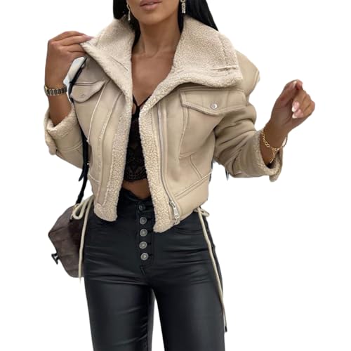 EGSDMNVSQ Winterjacke Damen Jacken Aus Lammwolle Mode Biker Revers Baumwolljacke Faux Wildleder Warme Reißverschluss Oberbekleidung Herbst Winter Langarm Lose Mantel von EGSDMNVSQ