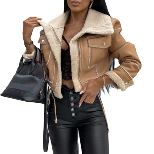 EGSDMNVSQ Winterjacke Damen Jacken Aus Lammwolle Mode Biker Revers Baumwolljacke Faux Wildleder Warme Reißverschluss Oberbekleidung Herbst Winter Langarm Lose Mantel von EGSDMNVSQ
