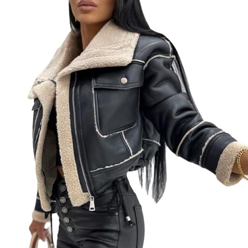 EGSDMNVSQ Winterjacke Damen Jacken Aus Lammwolle Mode Biker Revers Baumwolljacke Faux Wildleder Warme Reißverschluss Oberbekleidung Herbst Winter Langarm Lose Mantel von EGSDMNVSQ
