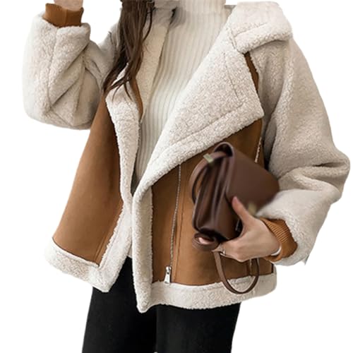 EGSDMNVSQ Winterjacke Damen Jacken Aus Lammwolle Mode Biker Revers Baumwolljacke Faux Wildleder Warme Reißverschluss Oberbekleidung Herbst Winter Langarm Lose Mantel von EGSDMNVSQ
