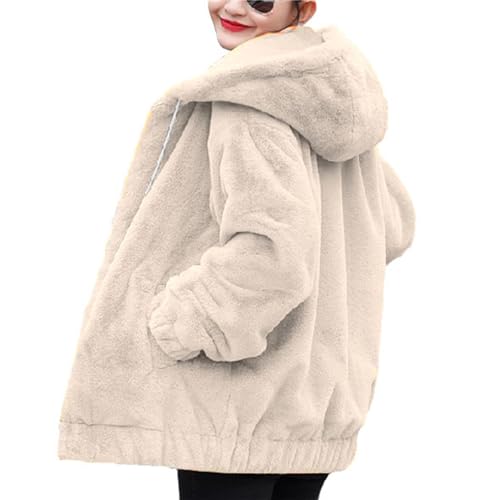 EGSDMNVSQ Winterjacke Damen Warm Plüsch Jacke Kunstfelljacke Fleece Mantel mit Kapuze Große Größe Verdicktes Teddyjacke Reißverschluss Kordelzug Hoodie Flauschige Sweatshirt von EGSDMNVSQ