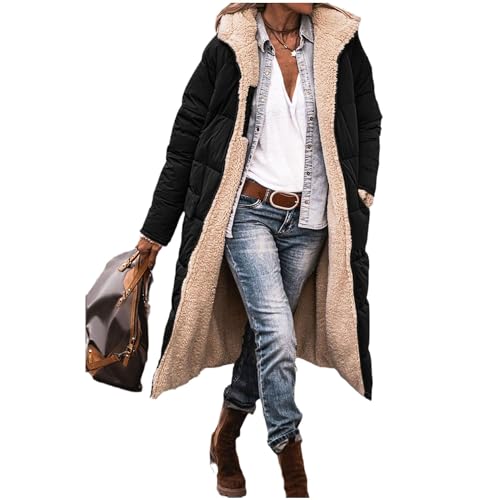 EGSDMNVSQ Wintermäntel Damen Winterjacke Lang Pufferjacken Mit Kapuze Steppmantel Fleecejacke Dicke Daunenjacke Zip Up Hoodie Reversibel Sherpa Fleece Winddichte Wasserdichte Mantel von EGSDMNVSQ