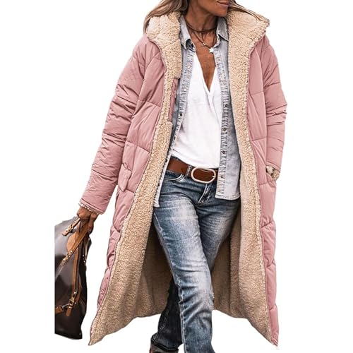 EGSDMNVSQ Wintermäntel Damen Winterjacke Lang Pufferjacken Mit Kapuze Steppmantel Fleecejacke Dicke Daunenjacke Zip Up Hoodie Reversibel Sherpa Fleece Winddichte Wasserdichte Mantel von EGSDMNVSQ