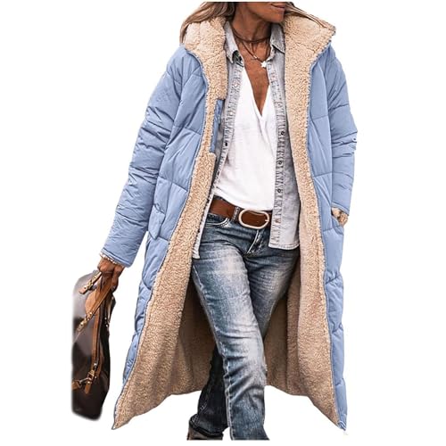 EGSDMNVSQ Wintermäntel Damen Winterjacke Lang Pufferjacken Mit Kapuze Steppmantel Fleecejacke Dicke Daunenjacke Zip Up Hoodie Reversibel Sherpa Fleece Winddichte Wasserdichte Mantel von EGSDMNVSQ