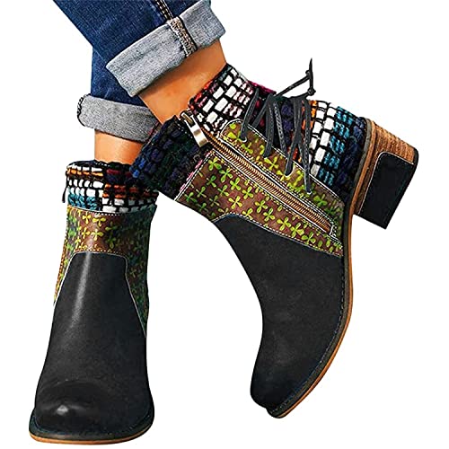 EGSDMNVSQ Winterschuhe Damen Kurze Stiefel Stiefeletten mit Absatz Retro Reißverschluss Biker Boots für Frauen mit Absatz Ankle Boots Winterstiefel Knöchelschuhe Winterstiefeletten von EGSDMNVSQ