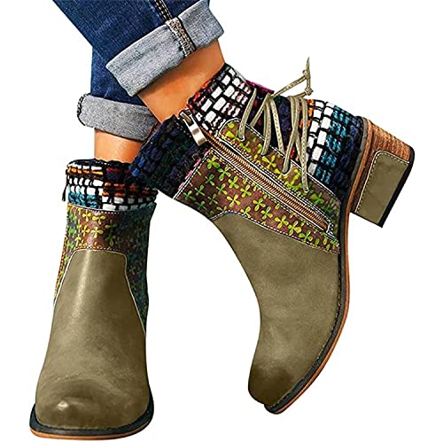 EGSDMNVSQ Winterschuhe Damen Kurze Stiefel Stiefeletten mit Absatz Retro Reißverschluss Biker Boots für Frauen mit Absatz Ankle Boots Winterstiefel Knöchelschuhe Winterstiefeletten von EGSDMNVSQ