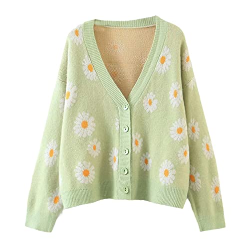 EGSDMNVSQ Y2k Cardigan Damen Elegante Blumenmuster Strickjacke V-Ausschnitt Langarm Vintage Stil Strickpullover Outwear Mädchen Süßer Stil Pullover Mantel von EGSDMNVSQ