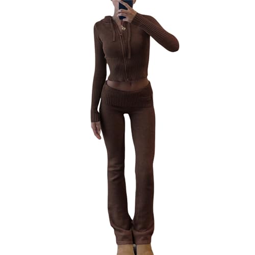 EGSDMNVSQ Zweiteiler Damen Y2K Jogginganzug Zip Up Jacke mit Kapuze und Slim Fit Hose Hosenanzug 2 Teiler Strick Loungewear Langarm Outfit Set 90er Streetwear von EGSDMNVSQ