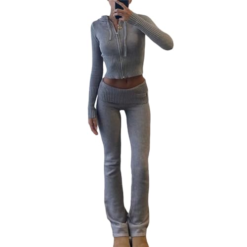 EGSDMNVSQ Zweiteiler Damen Y2K Jogginganzug Zip Up Jacke mit Kapuze und Slim Fit Hose Hosenanzug 2 Teiler Strick Loungewear Langarm Outfit Set 90er Streetwear von EGSDMNVSQ