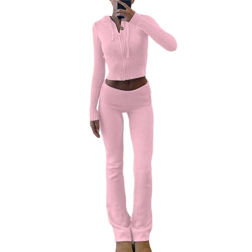 EGSDMNVSQ Zweiteiler Damen Y2K Jogginganzug Zip Up Jacke mit Kapuze und Slim Fit Hose Hosenanzug 2 Teiler Strick Loungewear Langarm Outfit Set 90er Streetwear von EGSDMNVSQ